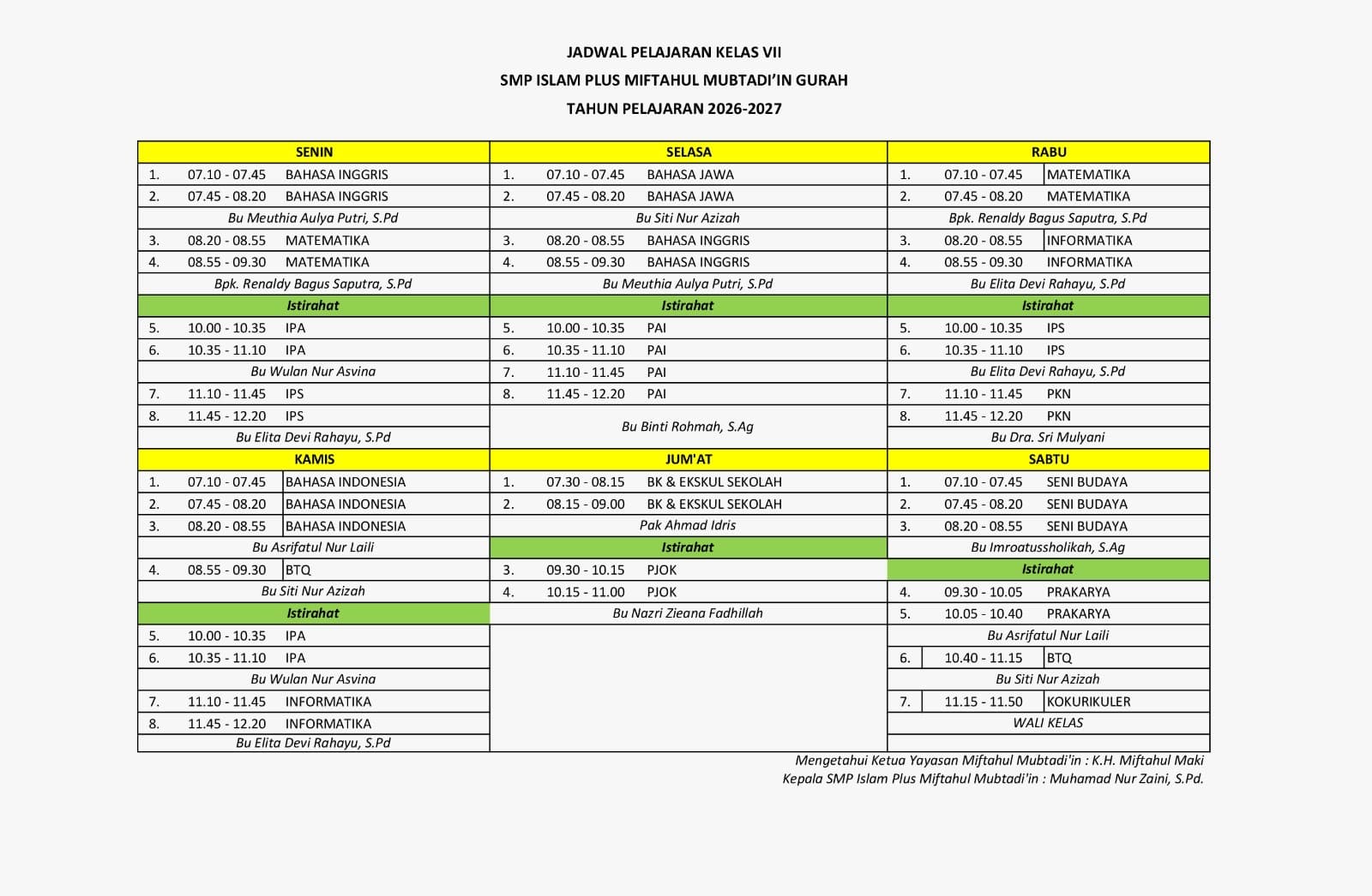 Jadwal pelajaran Kelas VII tahun pelajaran 2026–2027 — ditandatangani Ketua Yayasan dan Kepala Sekolah